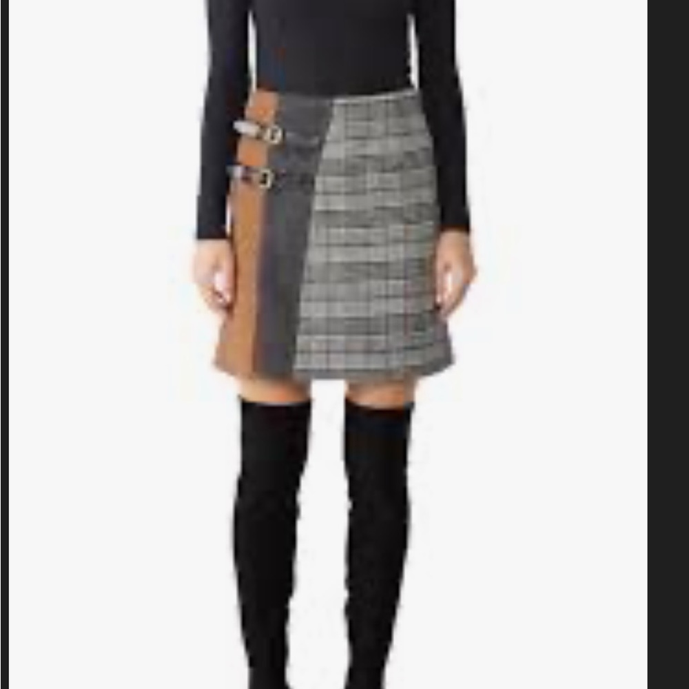 Cara S Plaid & Suede Panel Mini Skirt with Buckle Detail - Black, Gray, Brown